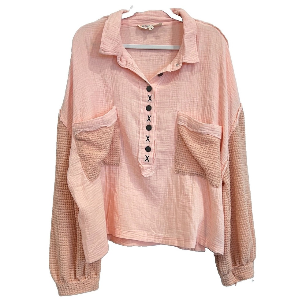 NEW Freckled Poppy X Pol Pink Peach Waffle Shirt Distressed Raw Hem Size L